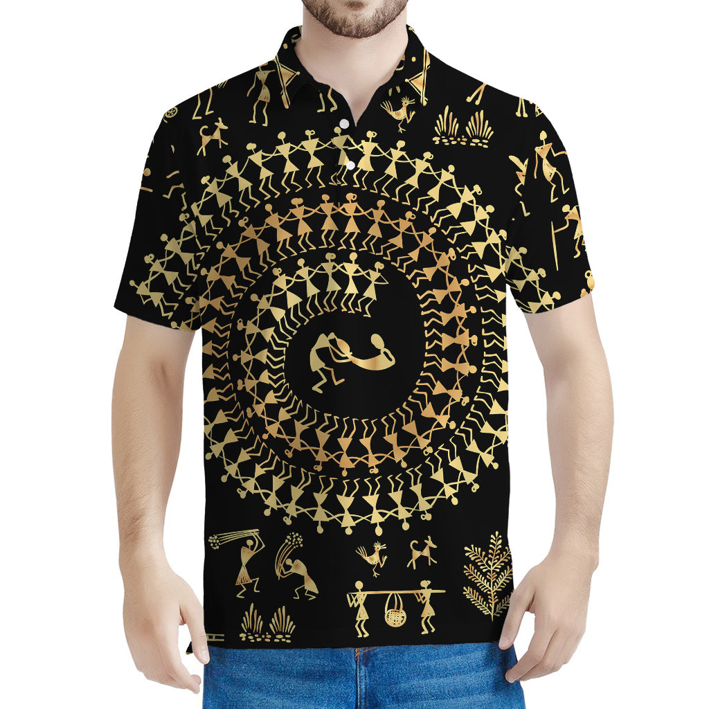 Black And Gold Warli Tribal Print Men's Polo Shirt