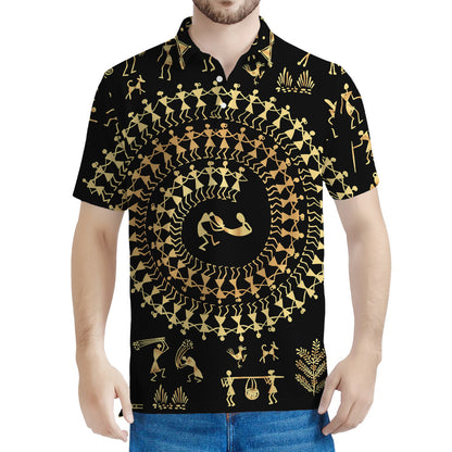 Black And Gold Warli Tribal Print Men's Polo Shirt