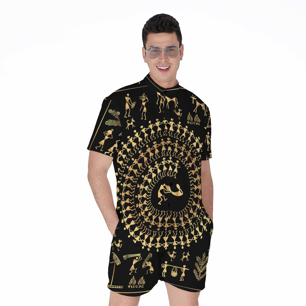 Black And Gold Warli Tribal Print Men's Rompers