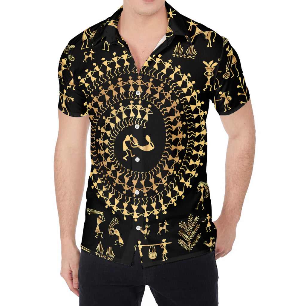 Black And Gold Warli Tribal Print Men's Shirt
