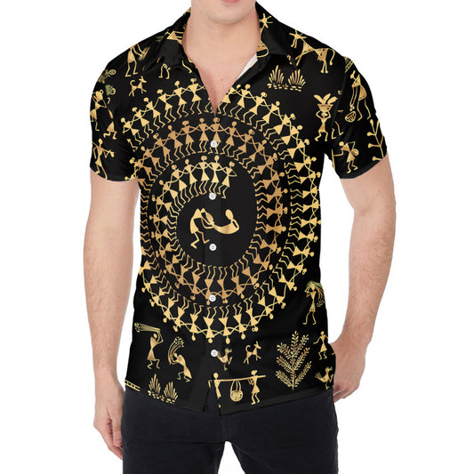 Black And Gold Warli Tribal Print Men's Shirt