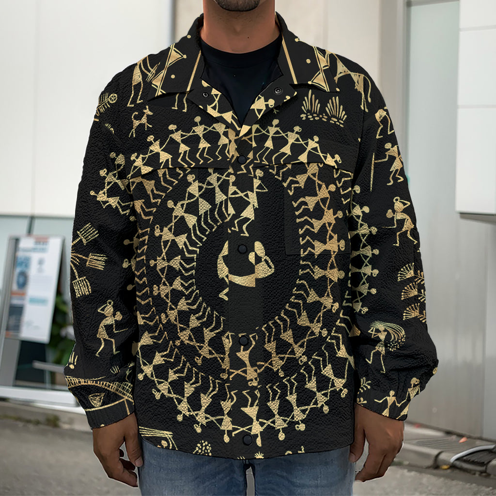 Black And Gold Warli Tribal Print Men's Shirt Jacket