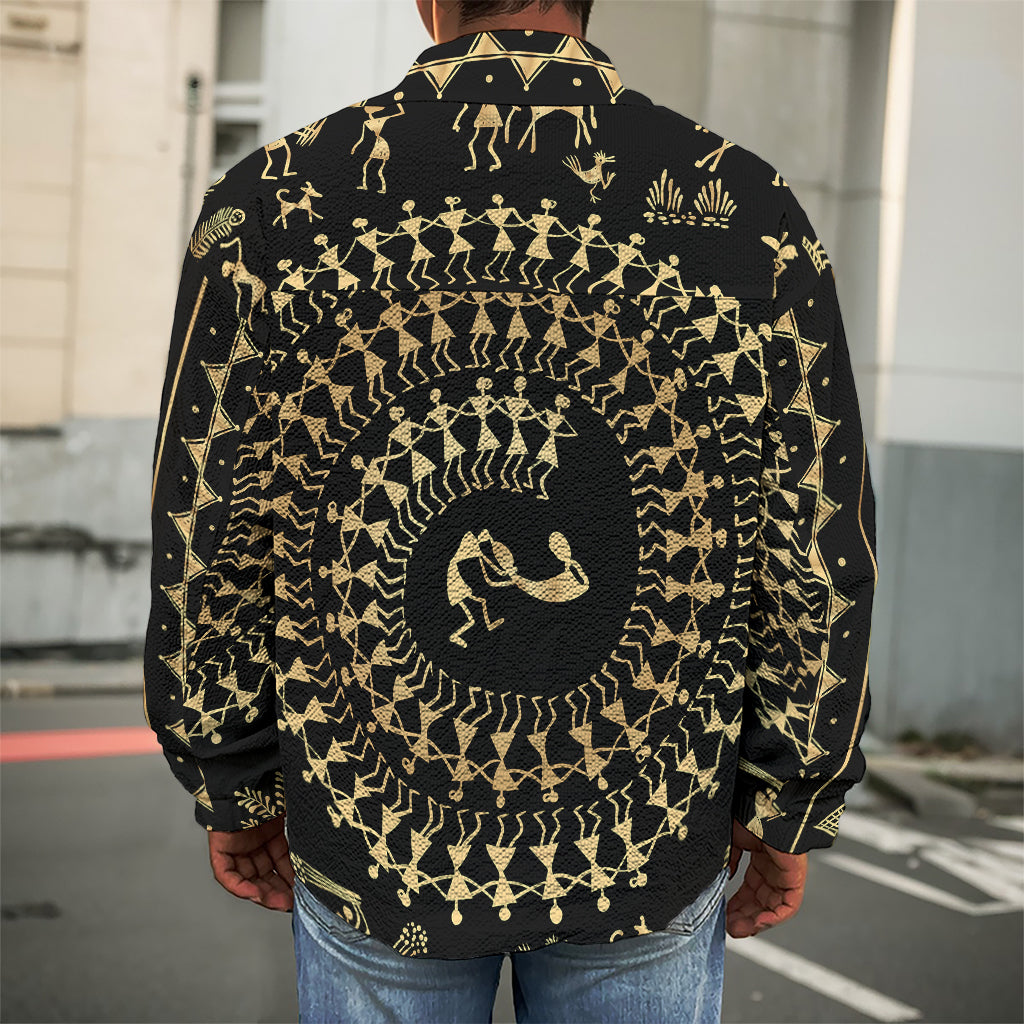 Black And Gold Warli Tribal Print Men's Shirt Jacket