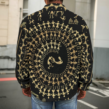 Black And Gold Warli Tribal Print Men's Shirt Jacket