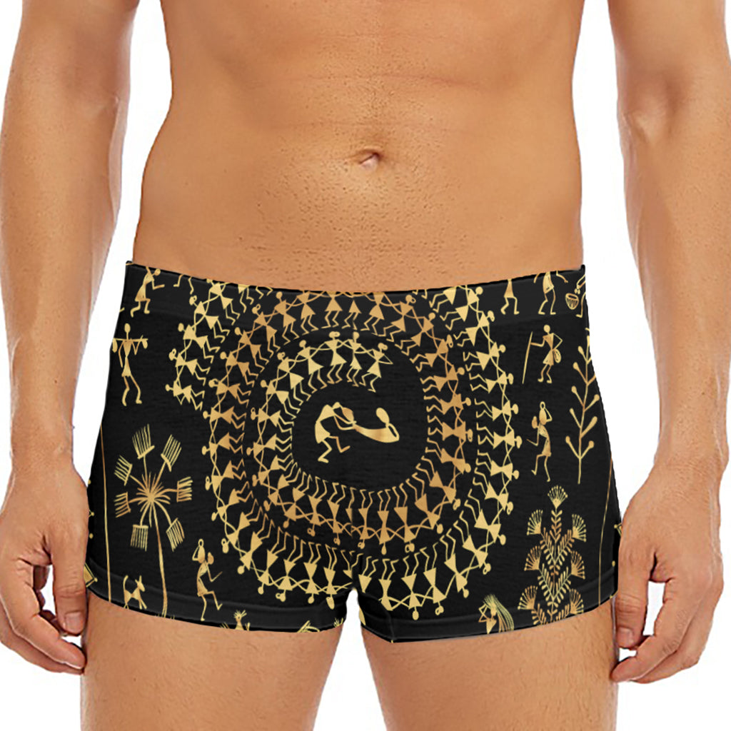 Black And Gold Warli Tribal Print Men's Short Boxer Briefs