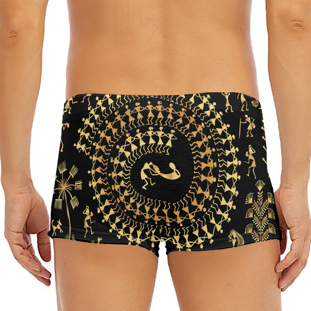 Black And Gold Warli Tribal Print Men's Short Boxer Briefs