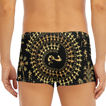 Black And Gold Warli Tribal Print Men's Short Boxer Briefs