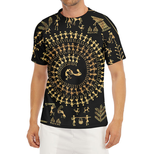 Black And Gold Warli Tribal Print Men's Short Sleeve Rash Guard
