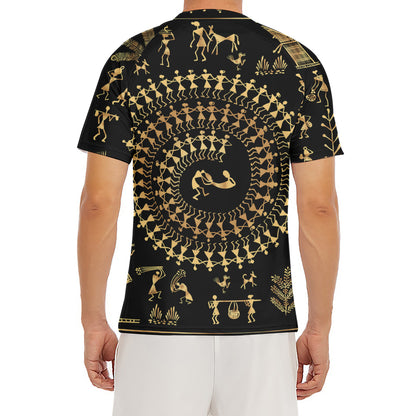 Black And Gold Warli Tribal Print Men's Short Sleeve Rash Guard