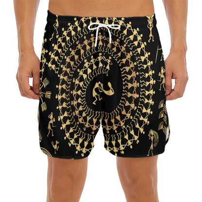 Black And Gold Warli Tribal Print Men's Split Running Shorts