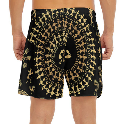 Black And Gold Warli Tribal Print Men's Split Running Shorts