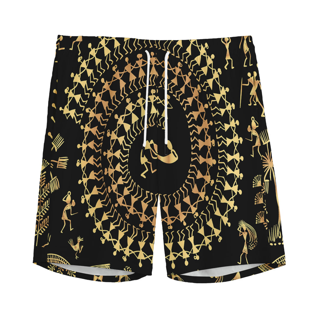 Black And Gold Warli Tribal Print Men's Sports Shorts