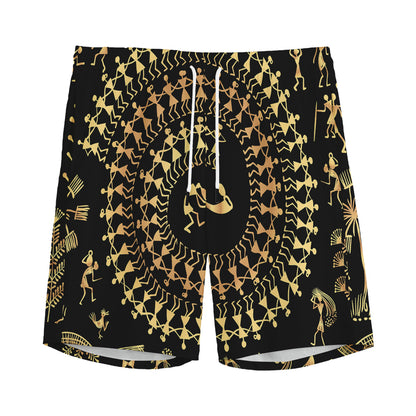 Black And Gold Warli Tribal Print Men's Sports Shorts