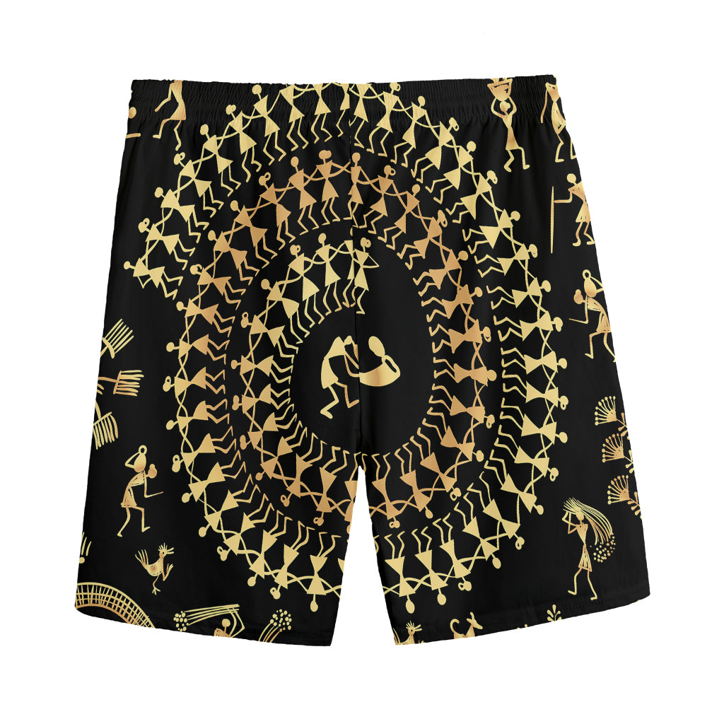 Black And Gold Warli Tribal Print Men's Sports Shorts