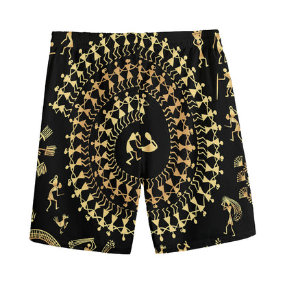 Black And Gold Warli Tribal Print Men's Sports Shorts