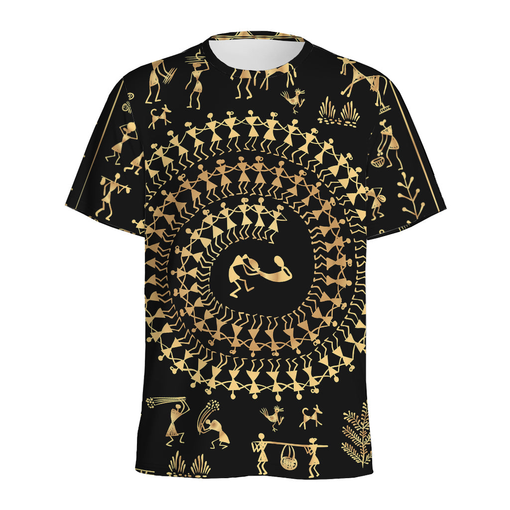 Black And Gold Warli Tribal Print Men's Sports T-Shirt