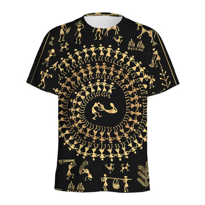Black And Gold Warli Tribal Print Men's Sports T-Shirt