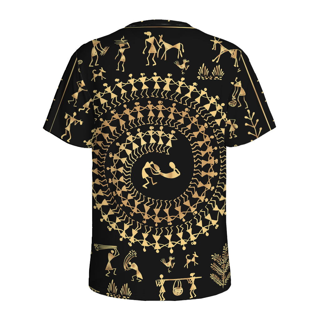 Black And Gold Warli Tribal Print Men's Sports T-Shirt