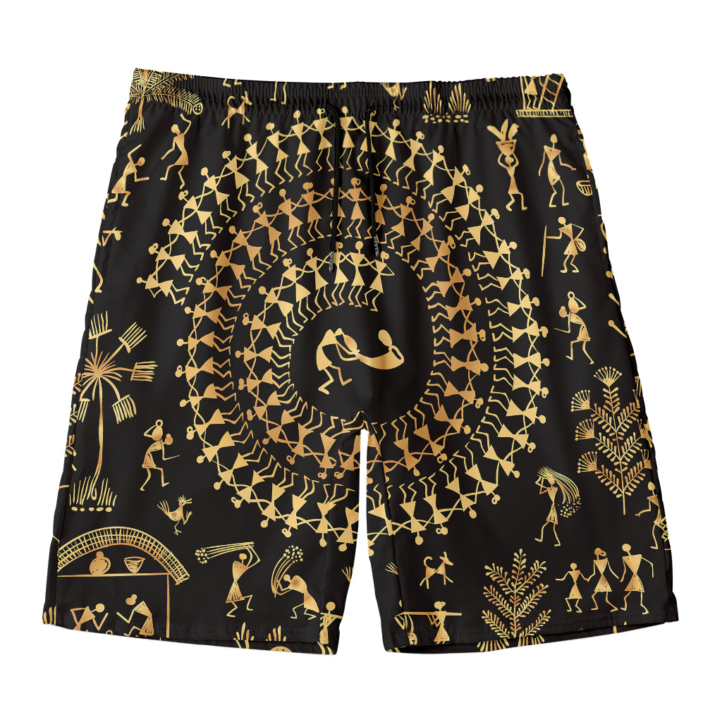 Black And Gold Warli Tribal Print Men's Swim Trunks