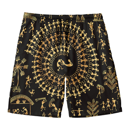 Black And Gold Warli Tribal Print Men's Swim Trunks