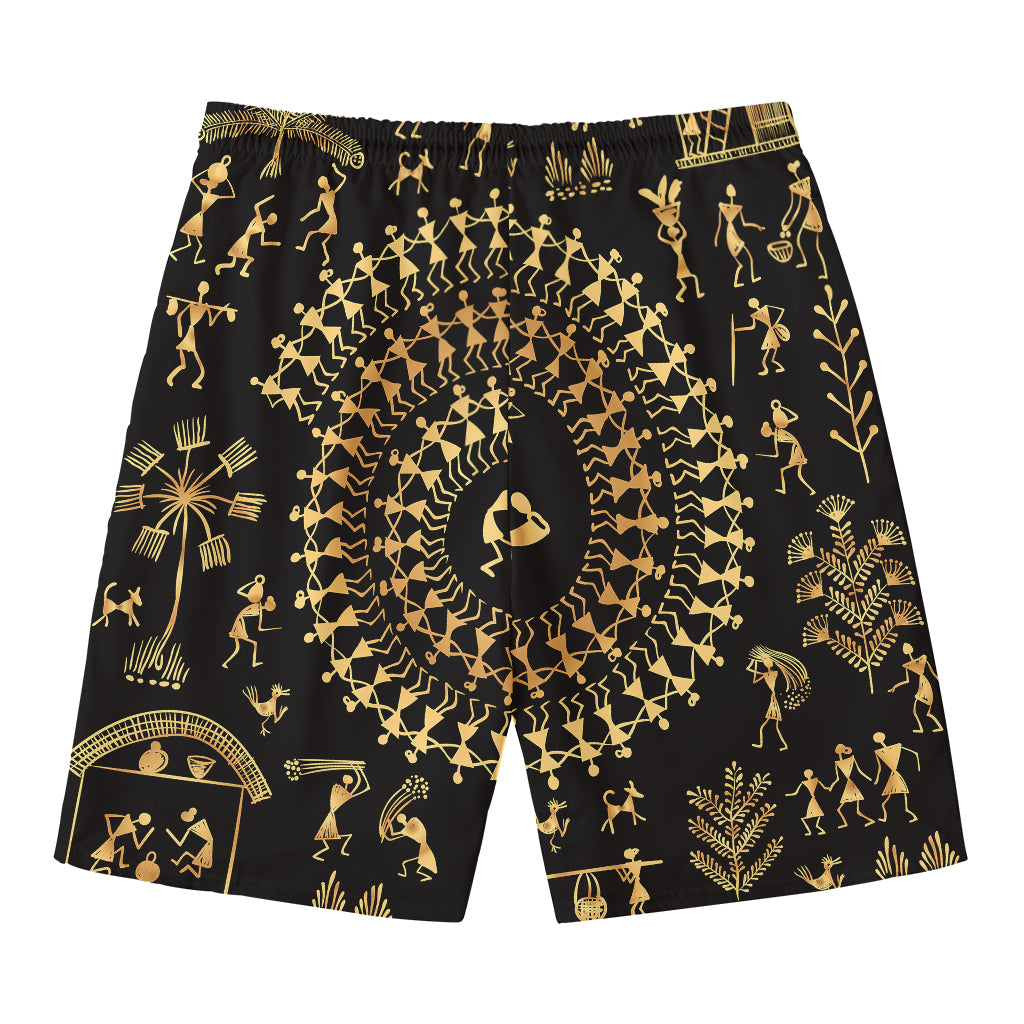 Black And Gold Warli Tribal Print Men's Swim Trunks