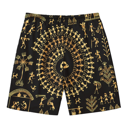 Black And Gold Warli Tribal Print Men's Swim Trunks
