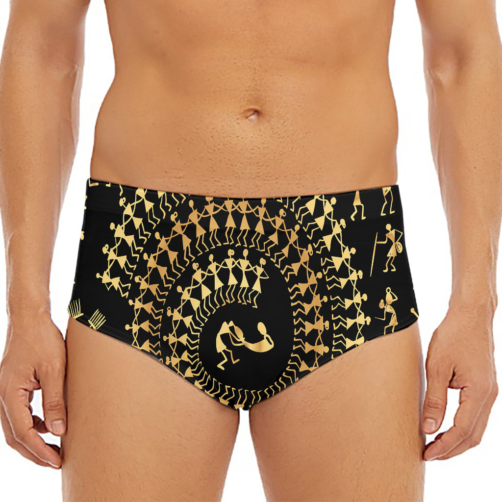 Black And Gold Warli Tribal Print Men's Triangle Swim Briefs