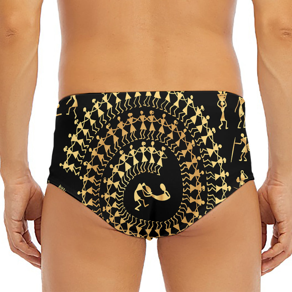 Black And Gold Warli Tribal Print Men's Triangle Swim Briefs