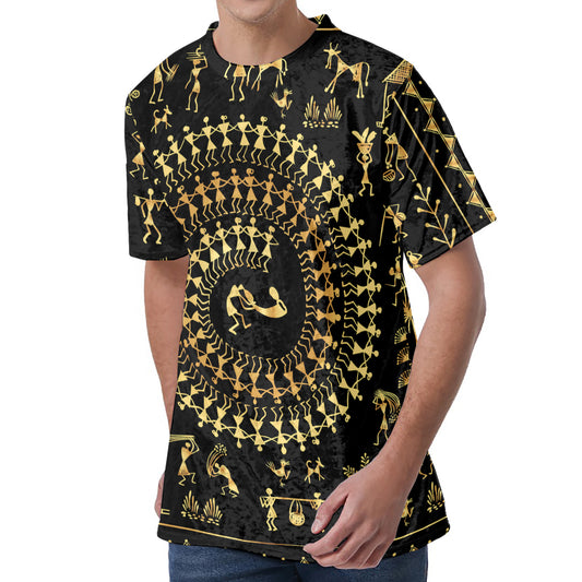 Black And Gold Warli Tribal Print Men's Velvet T-Shirt