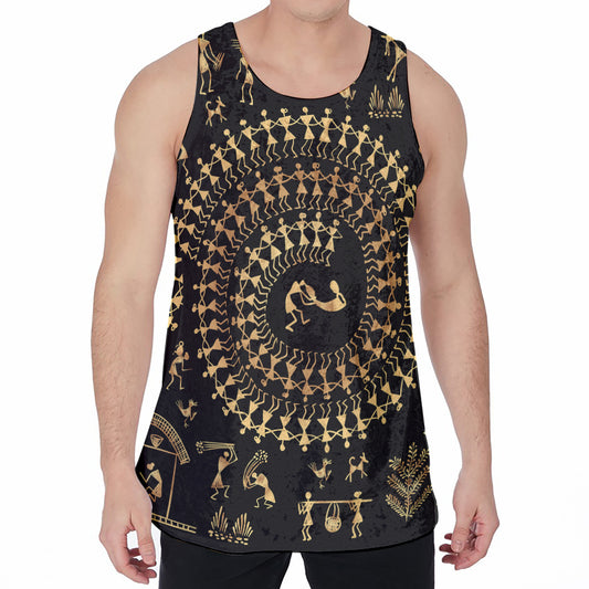 Black And Gold Warli Tribal Print Men's Velvet Tank Top