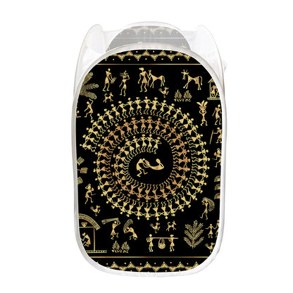 Black And Gold Warli Tribal Print Mesh Laundry Hamper