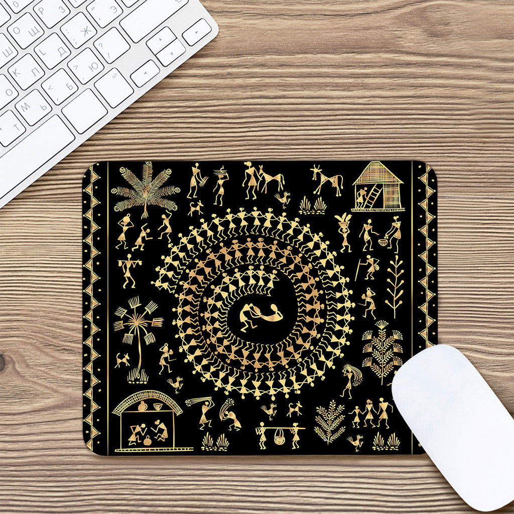 Black And Gold Warli Tribal Print Mouse Pad