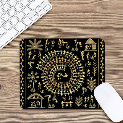 Black And Gold Warli Tribal Print Mouse Pad