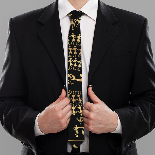 Black And Gold Warli Tribal Print Necktie