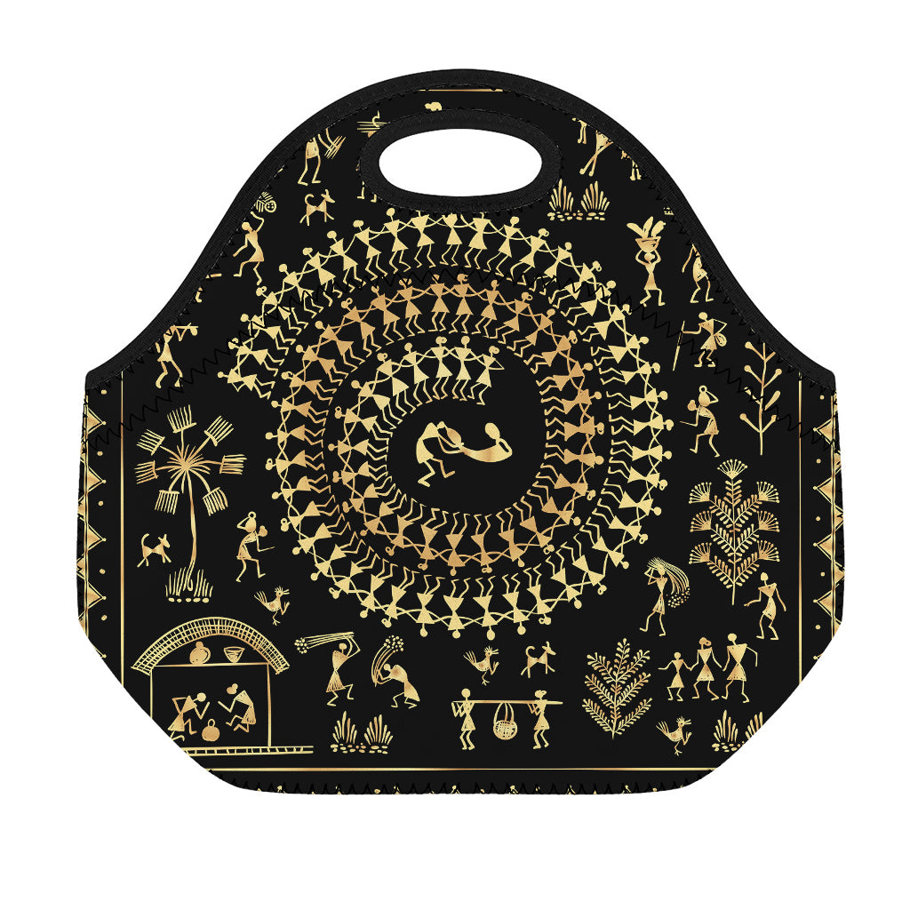 Black And Gold Warli Tribal Print Neoprene Lunch Bag