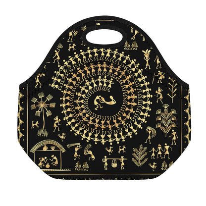 Black And Gold Warli Tribal Print Neoprene Lunch Bag