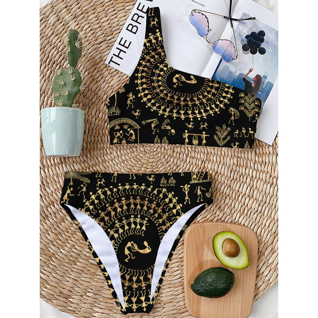 Black And Gold Warli Tribal Print One Shoulder Bikini Top