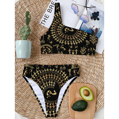 Black And Gold Warli Tribal Print One Shoulder Bikini Top