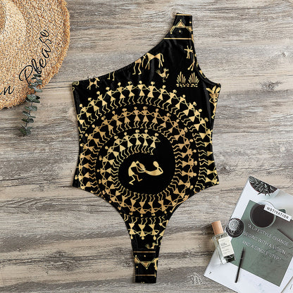 Black And Gold Warli Tribal Print One Shoulder Bodysuit