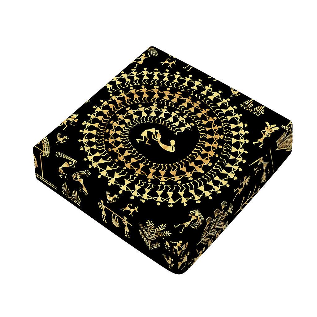 Black And Gold Warli Tribal Print Outdoor Seat Cushion Cover