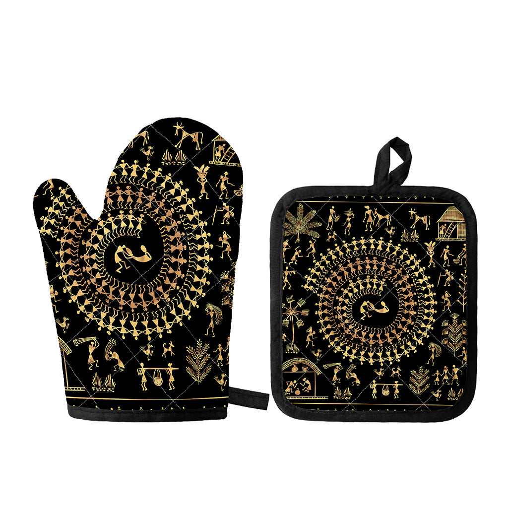 Black And Gold Warli Tribal Print Oven Mitt And Pot Holder Set