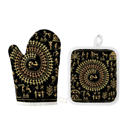 Black And Gold Warli Tribal Print Oven Mitt And Pot Holder Set