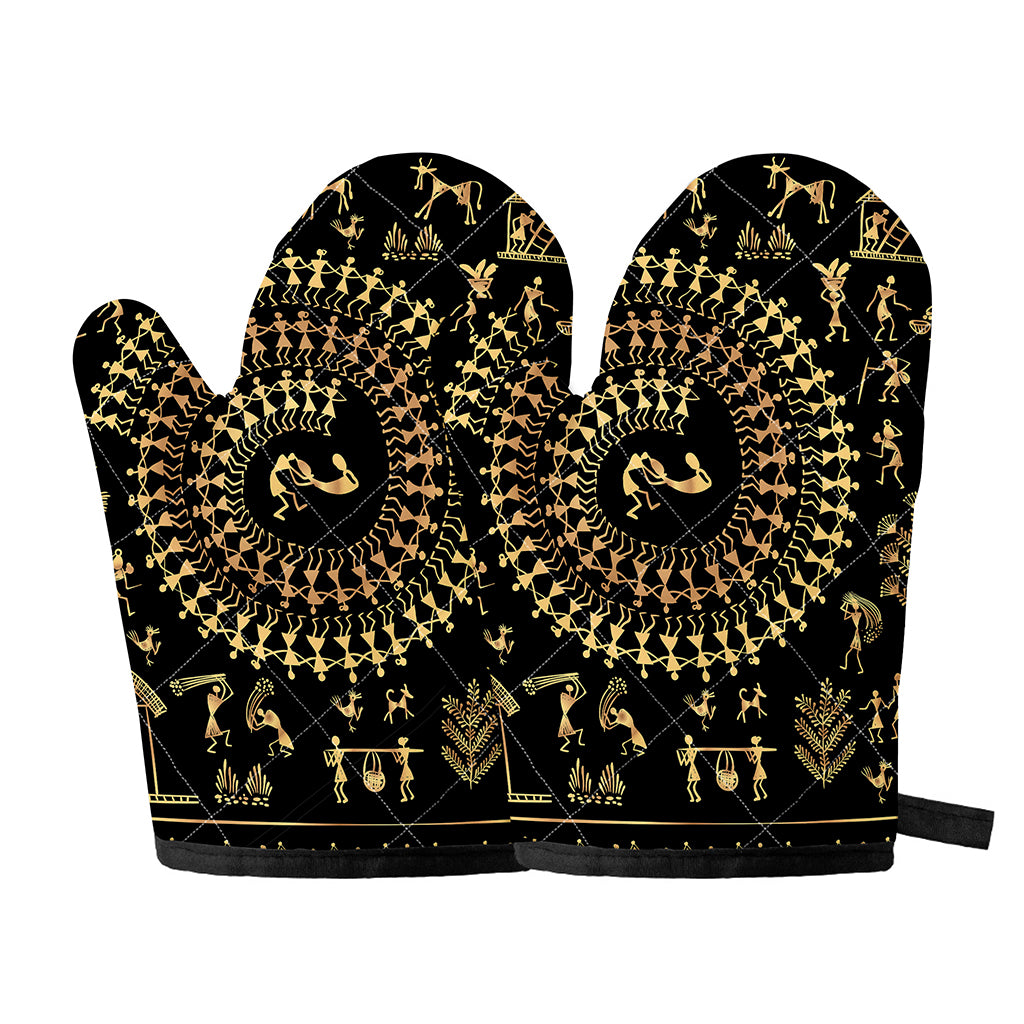 Black And Gold Warli Tribal Print Oven Mitts