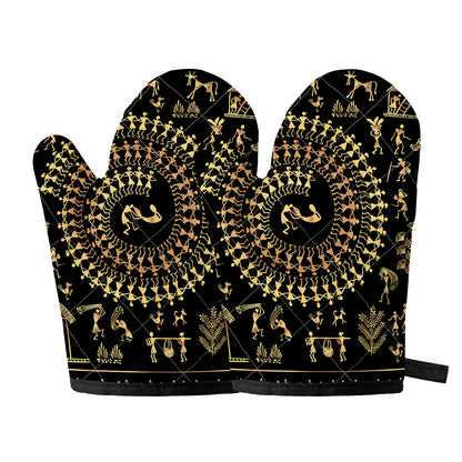 Black And Gold Warli Tribal Print Oven Mitts