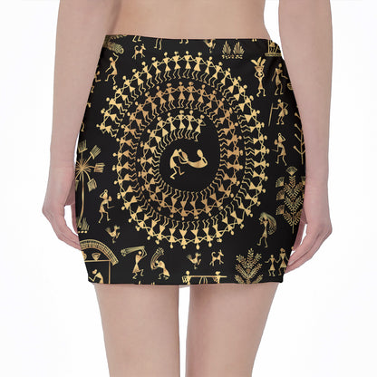 Black And Gold Warli Tribal Print Pencil Mini Skirt