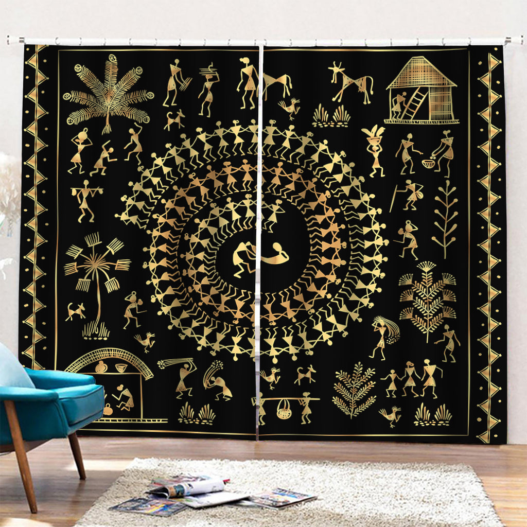 Black And Gold Warli Tribal Print Pencil Pleat Curtains