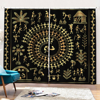 Black And Gold Warli Tribal Print Pencil Pleat Curtains
