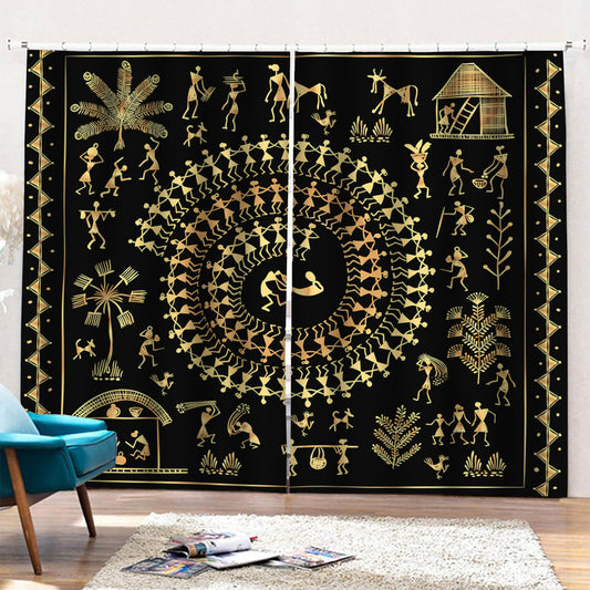 Black And Gold Warli Tribal Print Pencil Pleat Curtains