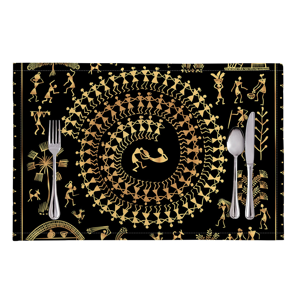 Black And Gold Warli Tribal Print Placemat