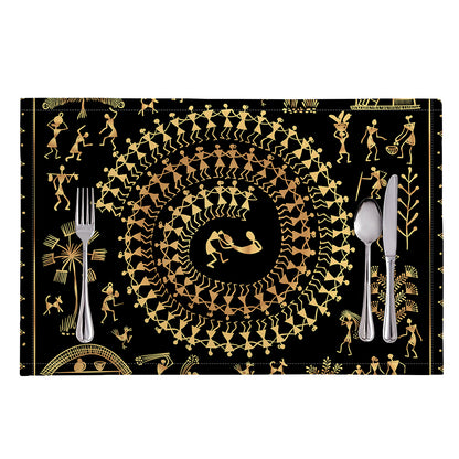 Black And Gold Warli Tribal Print Placemat
